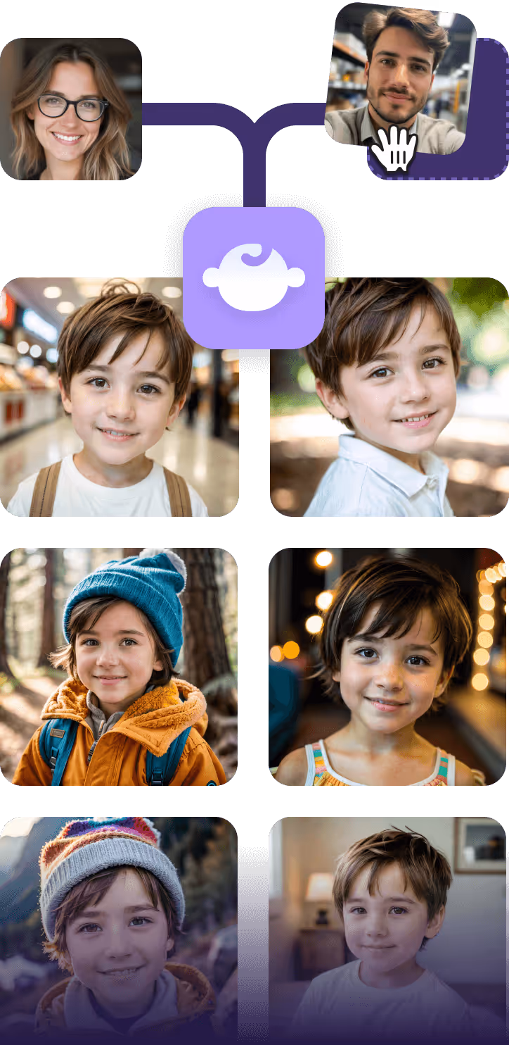 AI baby generator preview showing predicted baby face from two parent photos